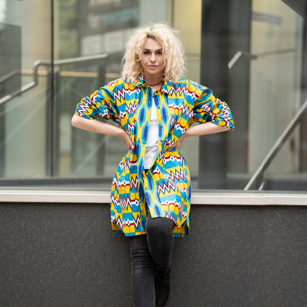 african print shirt dress for ladies African Shirt Dress In Gold Ankara Print - Festival Dress