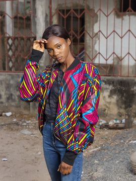 African Bomber Jacket In Blue Blue Kente Print
