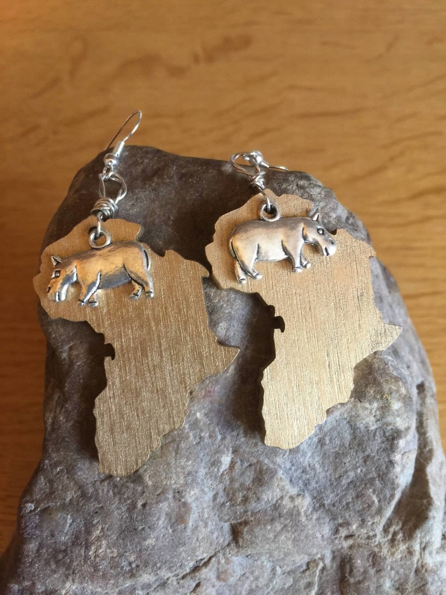 Africa Earrings with Hippo Charm made with Recycled Wood - Continent Clothing