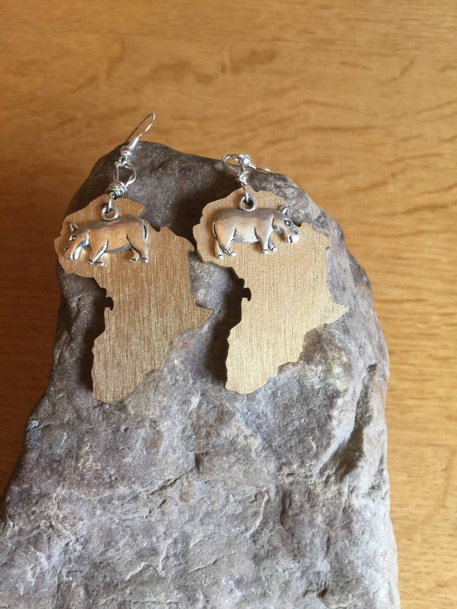 Africa Earrings with Hippo Charm made with Recycled Wood - Continent Clothing
