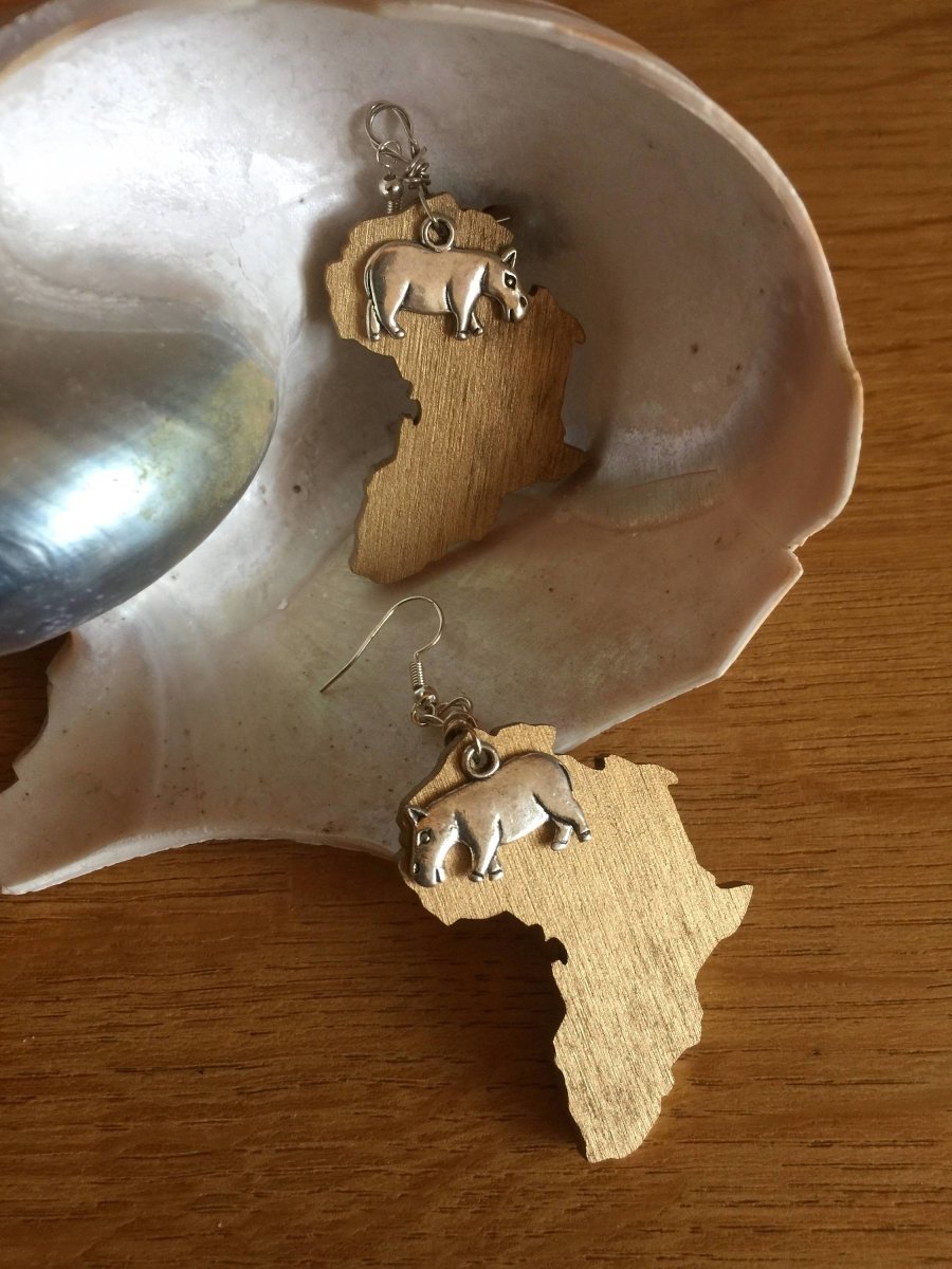 Africa Earrings with Hippo Charm made with Recycled Wood - Continent Clothing 