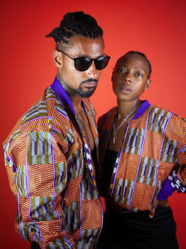 Giacca da bombardiere africana in bella stampa Brown Kente