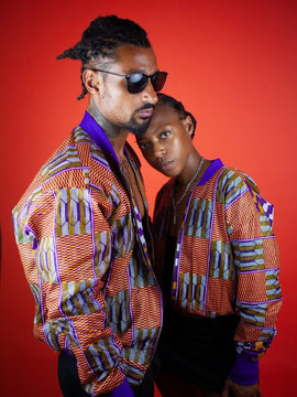 Giacca da bombardiere africana in bella stampa Brown Kente