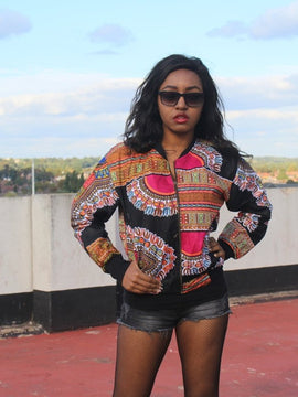 Bomber African Obomber Jacket in Nero Dashiki Stampa - Giacca Festival