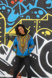 African Bomber Jacket in Blue Dashiki Print- Festival Clothing - Continent Clothing 