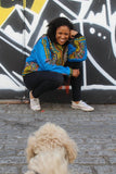 African Bomber Jacket in Blue Dashiki Print- Festival Clothing - Continent Clothing