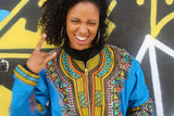 African Bomber Jacket in Blue Dashiki Print- Festival Clothing - Continent Clothing