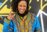 African Bomber Jacket in Blue Dashiki Print- Festival Clothing - Continent Clothing 