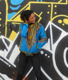 African Bomber Jacket in Blue Dashiki Print- Festival Clothing - Continent Clothing 