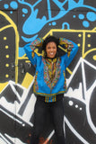 African Bomber Jacket in Blue Dashiki Print- Festival Clothing - Continent Clothing