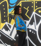African Bomber Jacket in Blue Dashiki Print- Festival Clothing - Continent Clothing