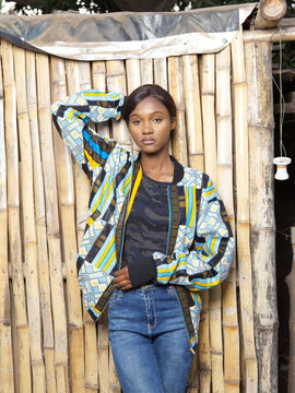 African Bomber Jacket In Blue Blue Kente Print
