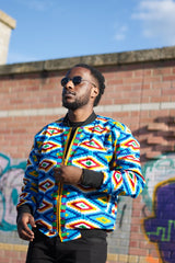African Bomber Jacket In Blue Kente Print - Continent Clothing