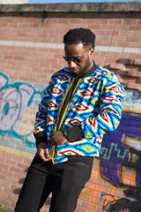 African Bomber Jacket In Blue Kente Print - Continent Clothing