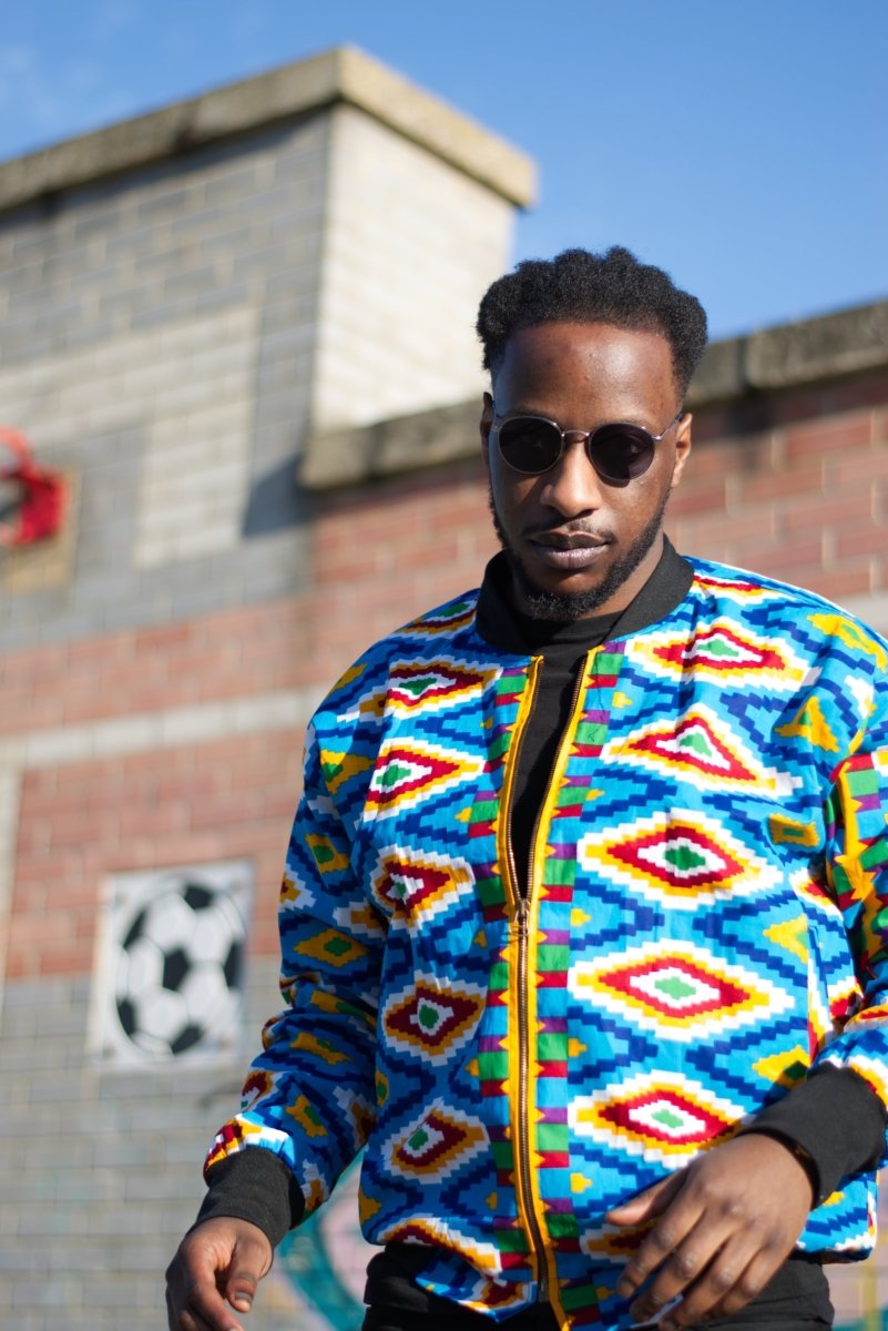African Bomber Jacket In Blue Kente Print - Continent Clothing