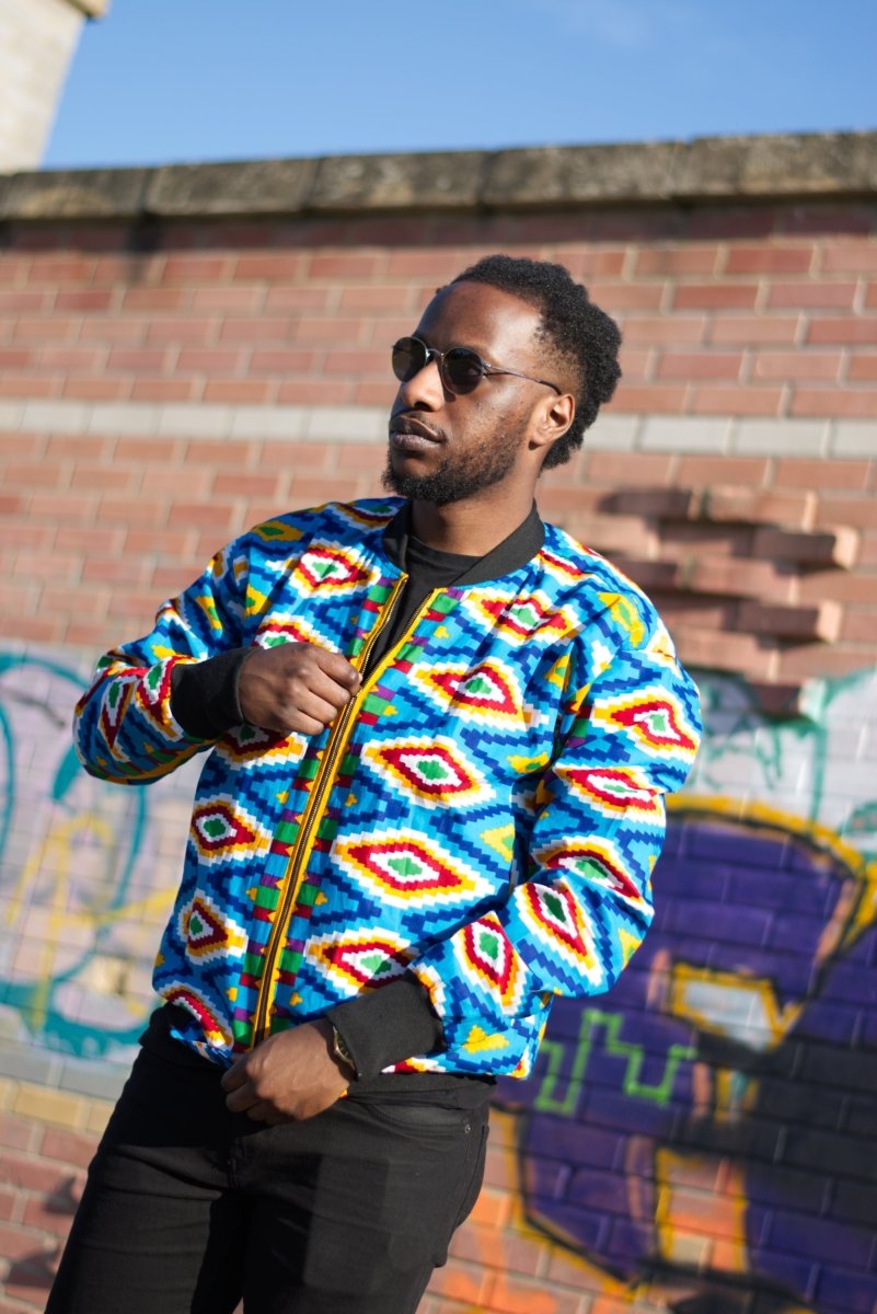 African Bomber Jacket In Blue Kente Print - Continent Clothing
