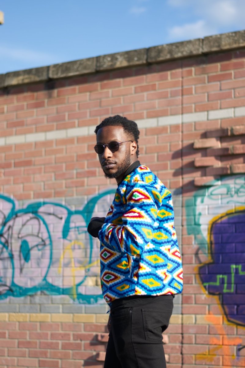 African Bomber Jacket In Blue Kente Print - Continent Clothing