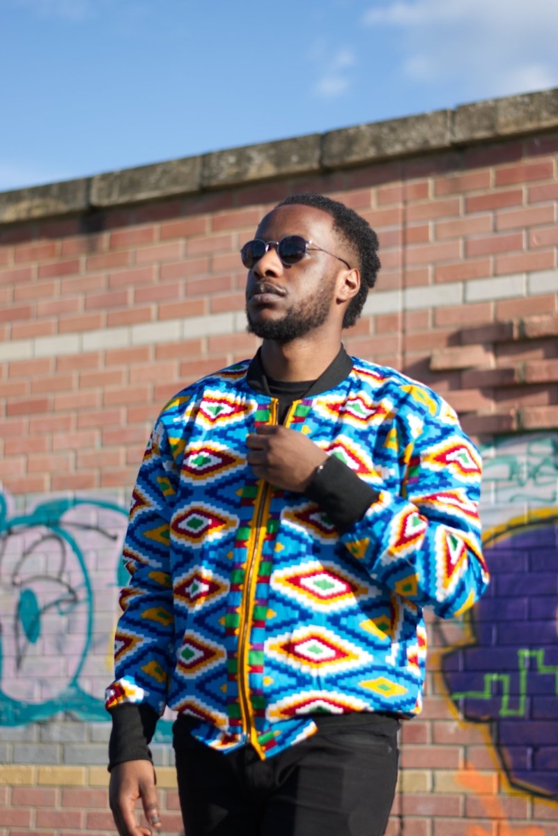 African Bomber Jacket In Blue Kente Print - Continent Clothing