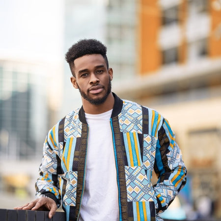 Afrikanische Bomber Jacke In blau Kente Druck