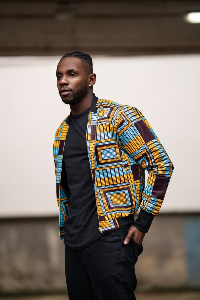 African Bomber Jacket In Electric Blue Kente Print - Continent Clothing