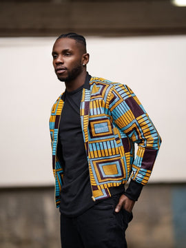 African Bomber Jacket In Blue Blue Kente Print