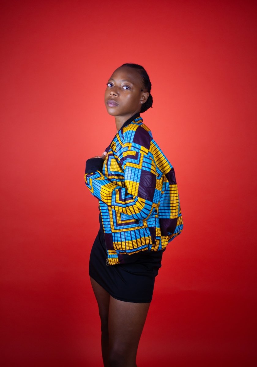 African Bomber Jacket In Electric Blue Kente Print - Continent Clothing