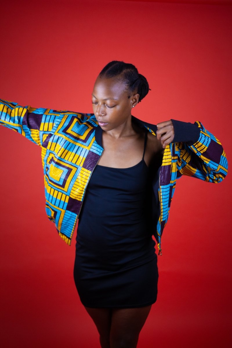 African Bomber Jacket In Electric Blue Kente Print - Continent Clothing