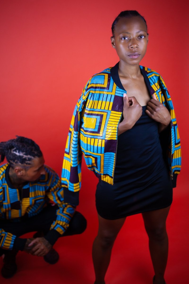 African Bomber Jacket In Electric Blue Kente Print - Continent Clothing