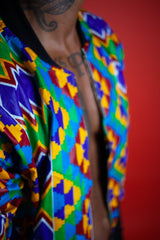 African Bomber Jacket In Electric Blue Kente Print - Continent Clothing