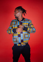 African Bomber Jacket In Electric Blue Kente Print - Continent Clothing