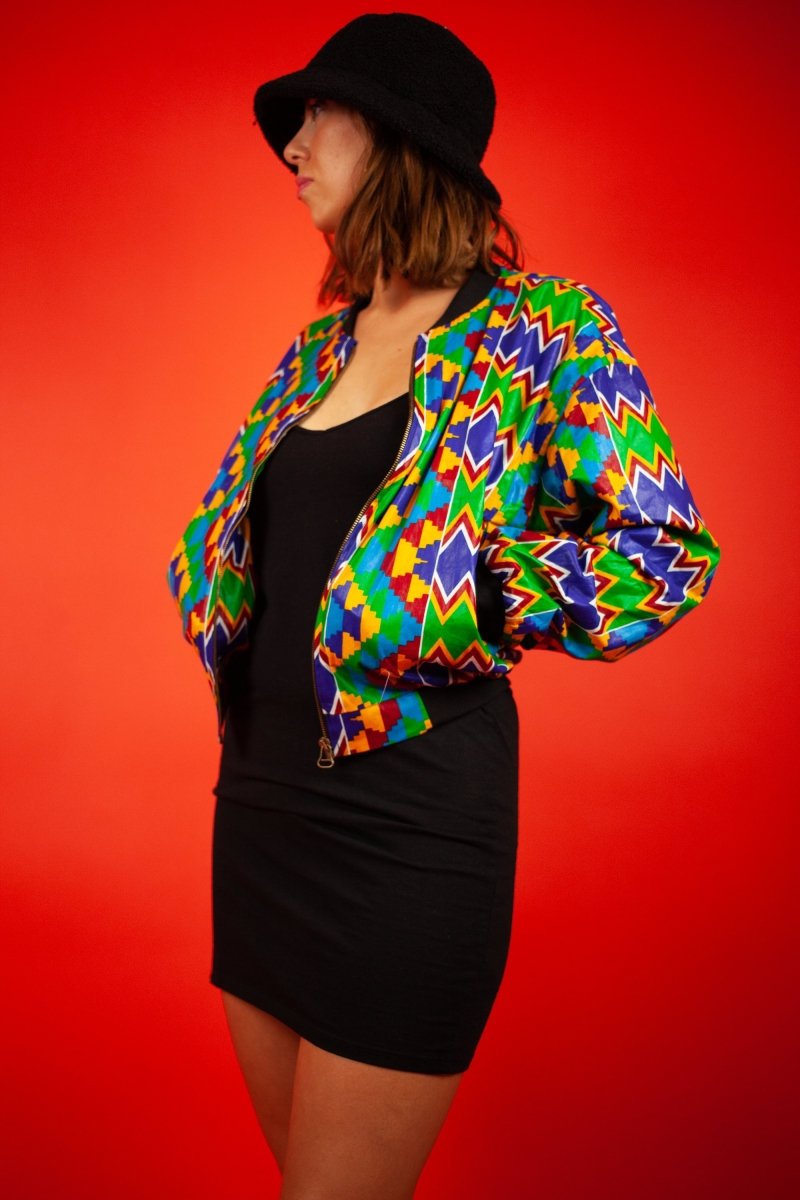 African Bomber Jacket In Electric Blue Kente Print - Continent Clothing