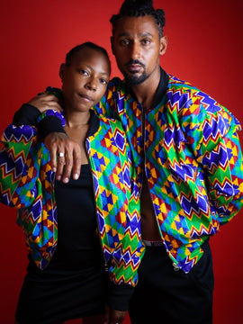 African Bomber Jacket In Blue Blue Kente Print