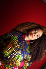 African Bomber Jacket In Metallic Gold Blue - Continent Clothing