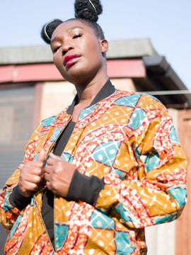 African Bomber Jacket in Orange Gold Ankara - Festival Clothing