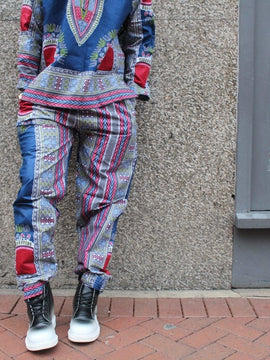 African Clothing - Blue Dashiki Trousers in African Wax Print
