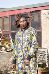 African Coat in Gold Blue Ankara Print - African Trench Coat - Festival Clothing - Continent Clothing