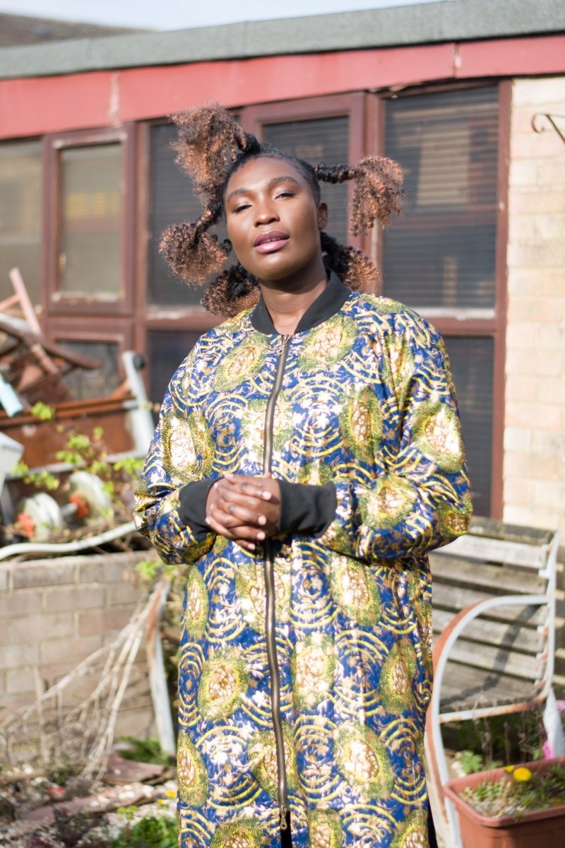 African Coat in Gold Blue Ankara Print - African Trench Coat - Festival Clothing - Continent Clothing