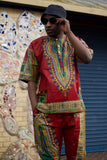 African Dashiki Suit in Red African Print - Festival Clothing - Continent Clothing