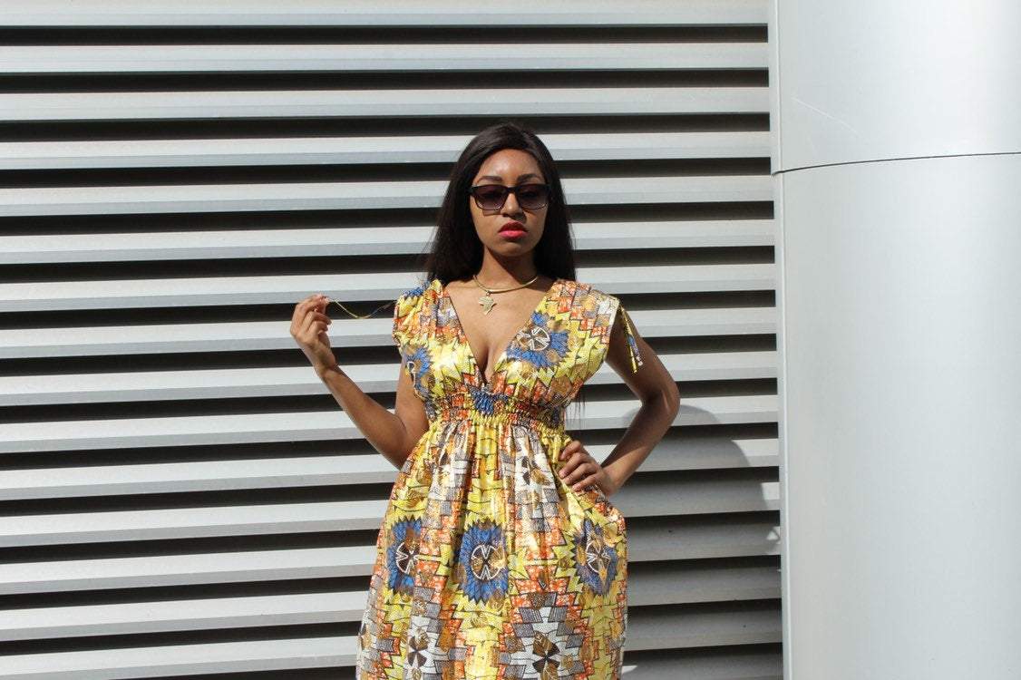 African Dress in Gold Ankara Print - Festival Dress - Continent Clothing