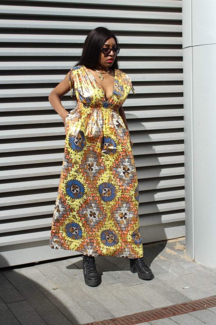 African Dress in Gold Ankara Print - Festival Dress - Continent Clothing