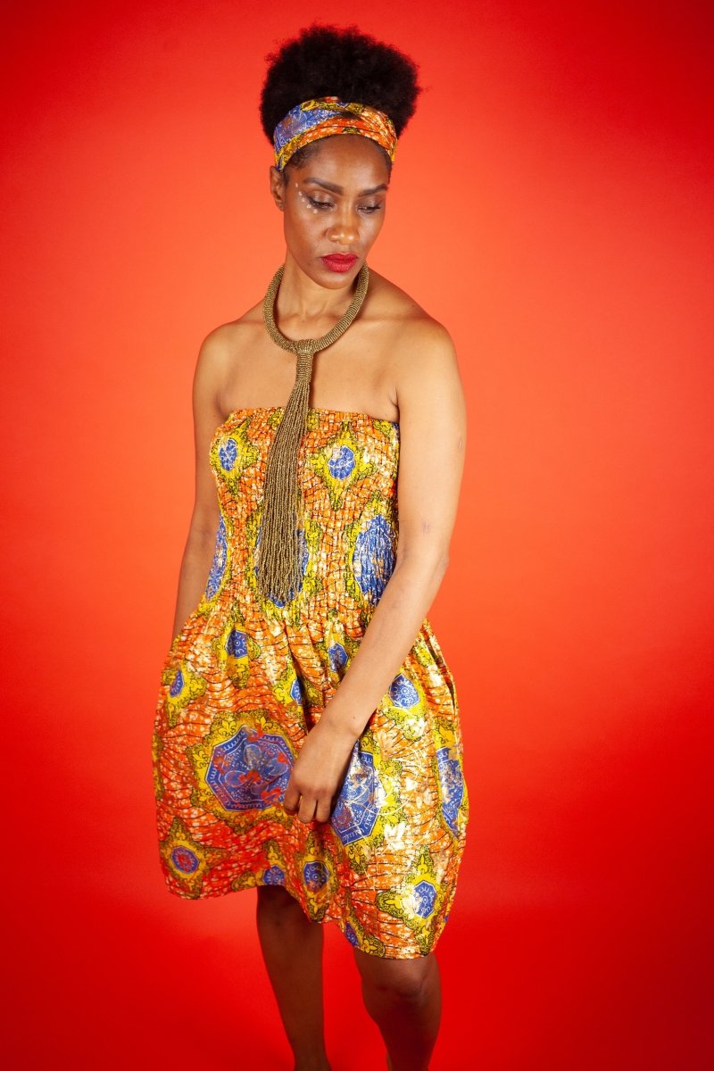 African Dress in Metallic Gold Print - Continent Clothing