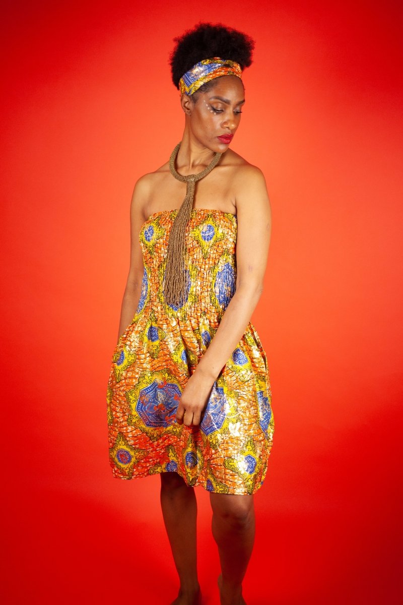 African Dress in Metallic Gold Print - Continent Clothing