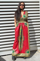 African Dress in Red Dashiki Print - Festival Dress - Continent Clothing