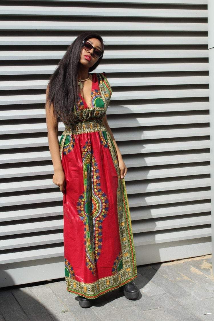 African Dress in Red Dashiki Print - Festival Dress - Continent Clothing