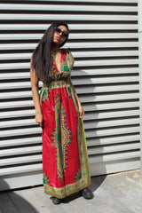 African Dress in Red Dashiki Print - Festival Dress - Continent Clothing