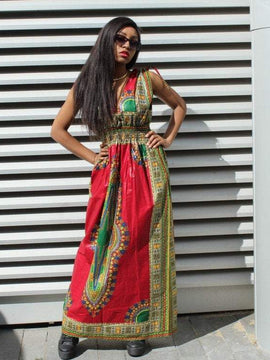 African Dress in Red Dashiki Print - Festival Dress