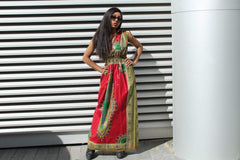 African Dress in Red Dashiki Print - Festival Dress - Continent Clothing