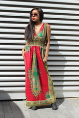 African Dress in Red Dashiki Print - Festival Dress - Continent Clothing