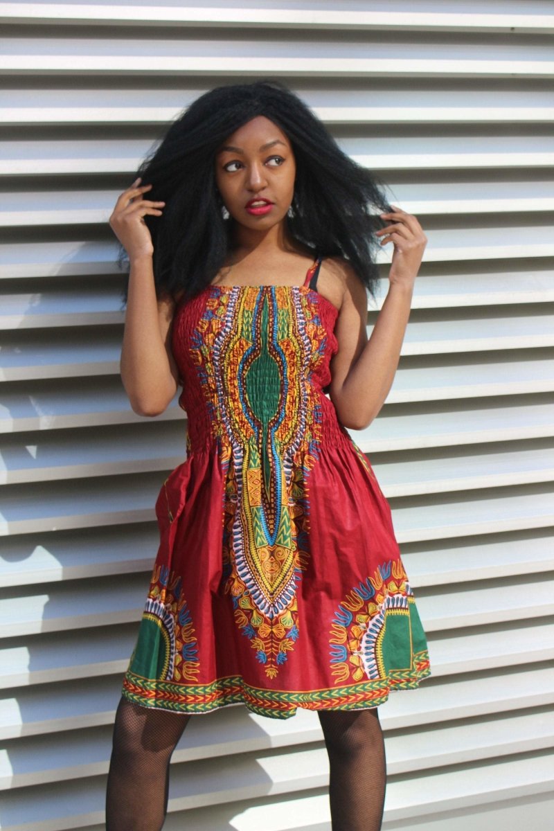 African Dress in Red Dashiki Print - Festival Dress - Continent Clothing