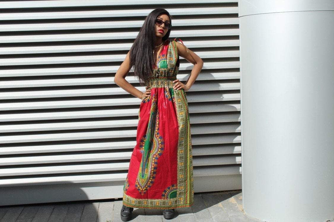 African Dress in Red Dashiki Print - Festival Dress - Continent Clothing